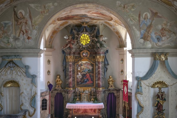 Altar with Lenten cloth, 18th century, St Laurentius and Agatha Church, Frankenhofen, Kaltental, Ostallgäu, Bavaria, Germany, Europe