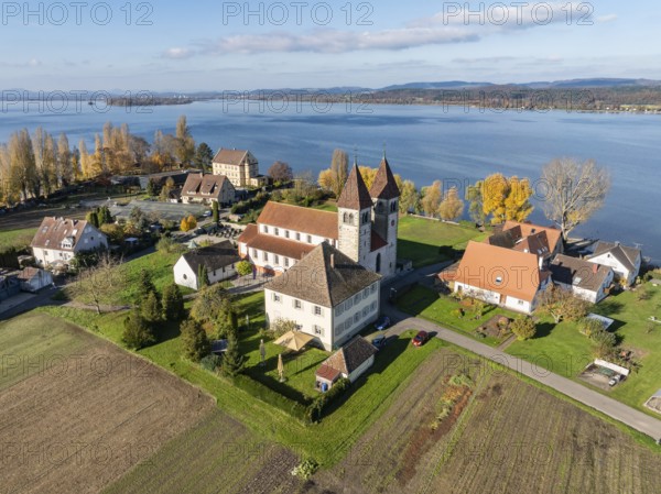 Aerial view of the north-western tip of the island of Reichenau in autumn with the district of Niederzell and the columned basilica of St. Peter and Paul, Lake Constance, district of Constance, Baden-Württemberg, Germany, Europe