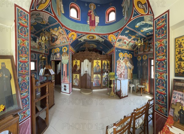 Interior of small church chapel in Byzantine style architectural style on grounds of Unesco Site Site Orthodox Greek Orthodox Monastery Moni Odigitria, Festos, Crete, Greece, Europe