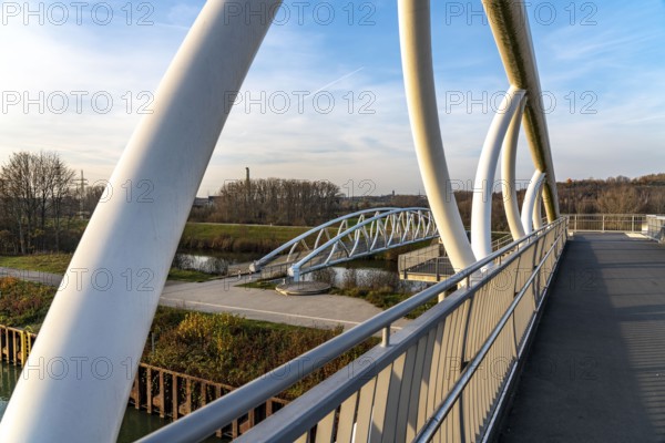 Bridge over the Datteln-Hamm Canal and the River Lippe, for pedestrians and cyclists, Radbod spoil tip, spoil tip sign, Hamm, North Rhine-Westphalia, Germany, Europe