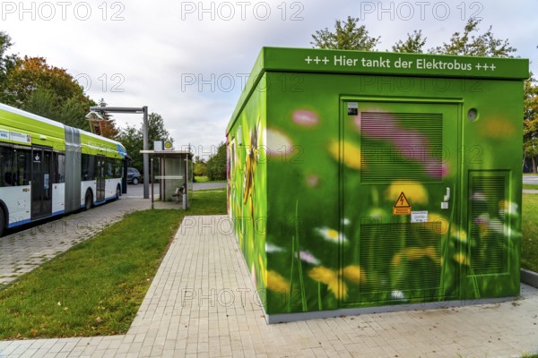 Electric bus from Stadtwerke Münster, at a fast charging station, bus stop, Dieckmannstrasse bus turnaround in Münster Gievenbeck, 16 electric buses are currently running on green electricity in Münster, North Rhine-Westphalia, Germany, Europe