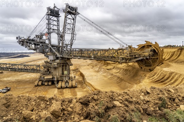 Opencast lignite mine Garzweiler 2, bucket wheel excavator 261 excavating the surface, near the rest of the hamlet of Lützerath, Erkelenz, North Rhine-Westphalia, Germany, Europe