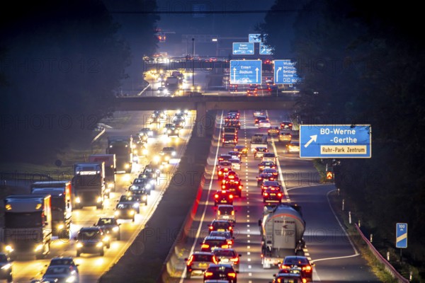 Motorway A40, Ruhrschnellweg, near Bochum, heavy evening traffic, in front of the motorway junction Bochum, A43, view in west direction