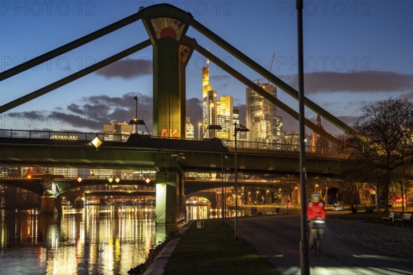 Skyline of the city centre of Frankfurt am Main, raft bridge over the river Main, dusk, Hesse, Germany, Europe