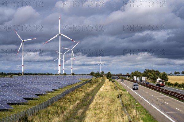 Solar park and wind farm near Morschheim, on the A63 motorway, belongs to the municipality of Kirchheimbolanden, Rhineland-Palatinate, Germany, Europe