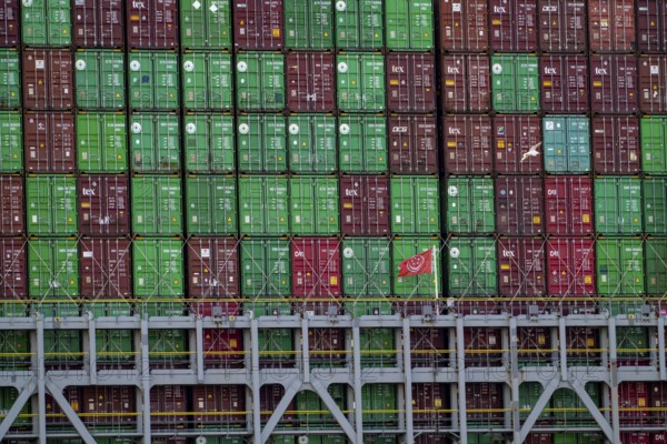 Container ship Ever Gifted, arriving in the port of Hamburg, shipping company Evergreen, Singapore, 399 metres long, can carry over 20, 000 containers, Hamburg, Germany, Asia