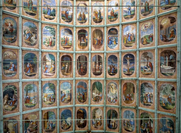 Church ceiling, wooden ceiling with New Testament scenes, apostles and the secondary patrons, Heiligblut Chapel, Willisau, Canton Lucerne, Switzerland, Europe