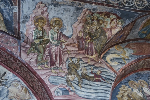 Historical fresco with a biblical scene of people in the water, surrounded by other biblical figures in a church, Inside the monastery, Agiou Theologou Monastery, Chora, Patmos, Dodecanese, Greek Islands, Greece, Europe