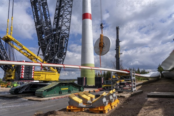 Erection of a wind turbine, wind energy plant, assembly of the ring generator, with a crawler lattice crane, wind farm near Hagen, North Rhine-Westphalia, Germany, Europe