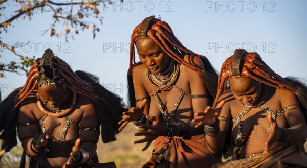 Traditional Himba woman clapping, music and dance, portraits, in the evening light, near Opuwo, Kaokoveld, Kunene, Namibia, Africa