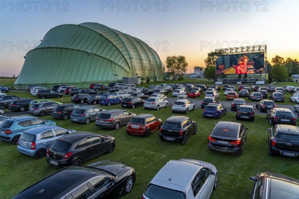Drive-in cinema at Essen/Mülheim Airport Motor Movies, temporary film screening, at the WDL airship hangar, event in compliance with contact restrictions, effects of the corona crisis in Essen, Mülheim Germany