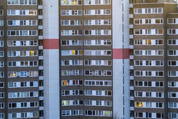High-rise buildings in the Bensberg residential park, Bergisch-Gladbach, 18-storey housing estate with over 900 flats spread over 7 building complexes, dusk, illuminated windows, North Rhine-Westphalia, Germany, Europe