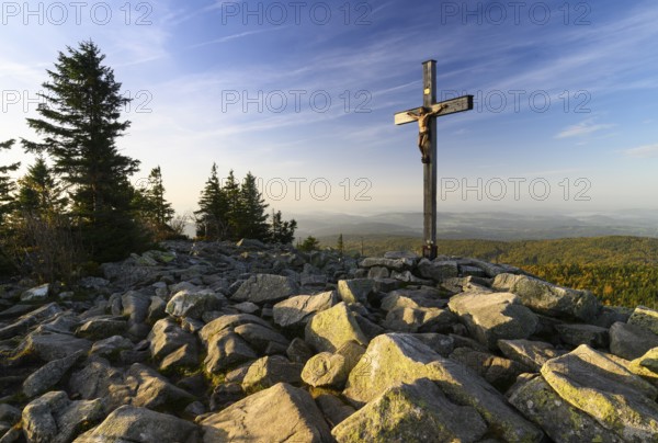Summit cross on the Lusen (1373m), morning light, Bavarian Forest National Park, Bavaria, Germany, Europe