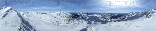 Cevedale summit, Alpine panorama, Aerial view, Snow-covered mountain landscape, Ortler group, Trento, Italy, Europe