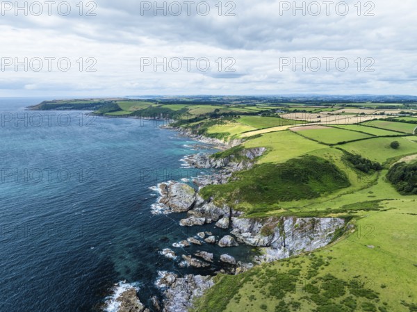 Cliffs over Mothecombe Beach and Red Cove from a drone, River Emme, Mothecombe, Plymouth, South Devon, England, United Kingdom, Europe