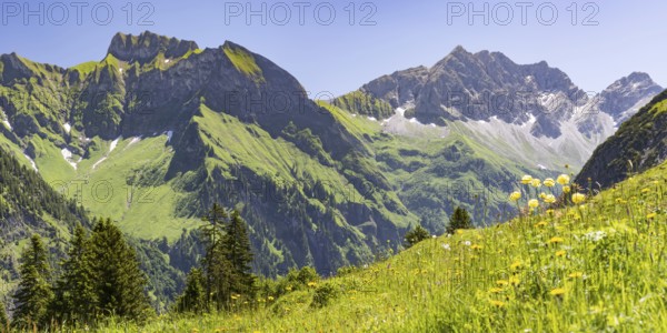 Schneck, 2268m, Himmelhorn, 2111m, with the Rädlergrat, Daumengruppe and Großer Wilder, 2379m, Hochvogelgruppe and Rosszahngruppe, Allgäu Alps, Allgäu, Bavaria, Germany, Europe