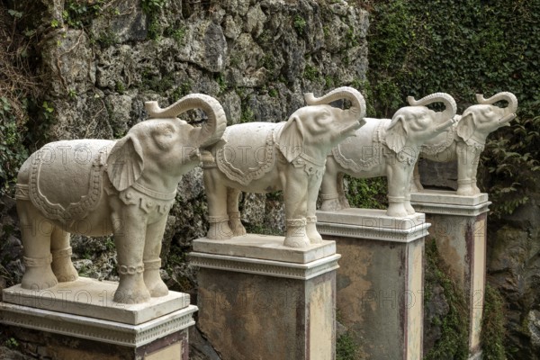 Indian elephant statues at the Indian Villa, Palazzina Indiana, Scherrer Park, Parco Scherrer, Morcote, Lake Lugano, Lago di Lugano, Canton Ticino, Switzerland, Europe