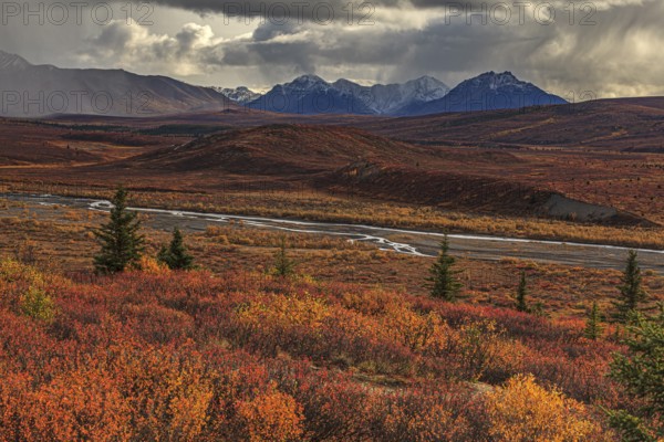 Stormy atmosphere and clouds over the autumnal Alaska Range, Denali National Park, Alaska, USA, North America