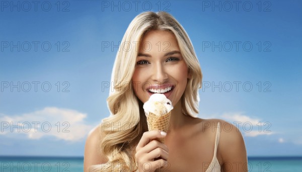 A blonde woman enjoys eating an ice cream in a cone