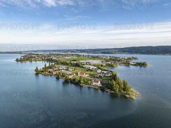 Aerial view, of the north-western tip of the island of Reichenau in Lake Constance, with the district of Niederzell and the columned basilica of St Peter and Paul, with Windegg Castle on the shore, district of Constance, Baden-Württemberg, Germany, Europe