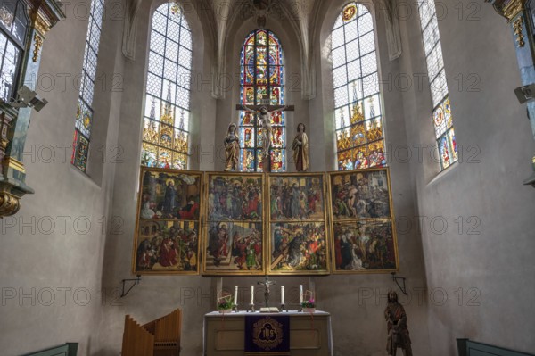 Winged altar by Wolfgang Katzenheimer, Bamberg around 1485, behind the choir centre window Bohemian 1373, Protestant town church of St. Maria, baroqueised in the 18th century, Hersbruck, Middle Franconia, Bavaria, Germany, Europe