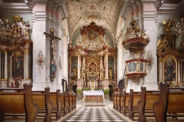 Interior view, high altar with miraculous image in the centre, pilgrimage church Parish Church of Our Lady of Sorrows, Riffian, Rifiano, South Tyrol, Autonomous Province of Bolzano, Italy, Europe