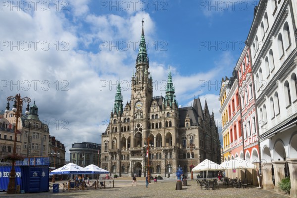 Historic town hall in Gothic style on a lively square with colourful buildings, Town hall, Liberec, Reichenberg, Bohemia, Czech Republic, Europe