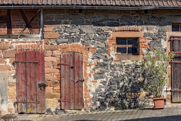 Historic farmhouse around 1800, half-timbered façade, sandstone, natural stone, brick, weathered wooden doors to stable and loo, flower pot with rhododendron, idyllic, romantic, Nidda, Vogelsberg, Wetterau, Hesse, Germany, Europe