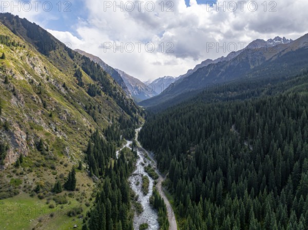 Aerial view, Green Mountain Valley, Chon Kyzyl Suu, Tien-Shan Mountains, Kyrgyzstan, Asia