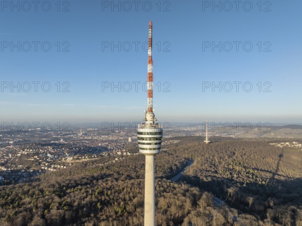 Aerial view of the 216.6 metre high Stuttgart television tower, observation tower, restaurant, radio transmitter, tourist attraction and historical landmark of the state capital Stuttgart, in operation since 1956. Behind it the telecommunications tower, Stuttgart, Degerloch, Baden-Württemberg, Germany, Europe