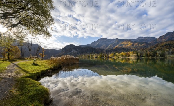 On the shore of Lake Lake Kochel with reflection, autumn landscape with mountain peaks Herzogstand and Heimgarten, Upper Bavaria, Bavaria, Germany, Europe