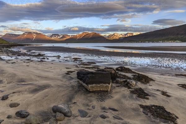 Fjord, low tide, stones, mountains, evening light, cloudy mood, Thingeyri, Westfjords, Iceland, Europe