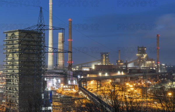 The Thyssenkrupp Steel steelworks in Duisburg-Marxloh, on the Rhine, quenching tower of the coking plant, blast furnaces 1 and 2, right, North Rhine-Westphalia, Germany, Europe