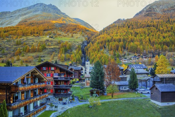 View of the village in autumn, Täsch near Zermatt, Mattertal, Valais, Switzerland, Europe