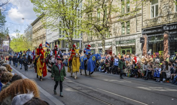 Riders of the Wiedikon guild, parade of historically costumed guild members, Sechseläuten or Sächsilüüte, Zurich Spring Festival, Zurich, Switzerland, Europe