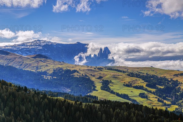 The Alpe di Siusi with green meadows and cloudy mountains in the background, South Tyrol, Italy, Europe
