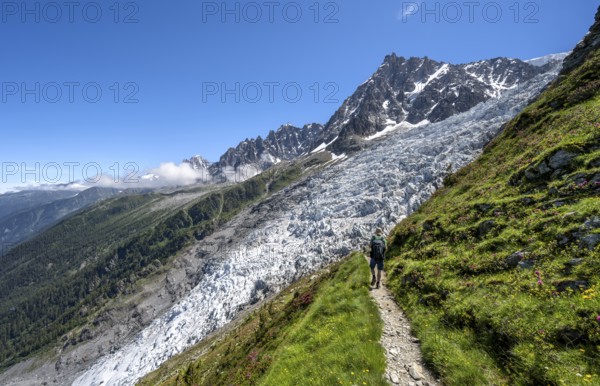 Hiking on the trail to La Jonction, Glacier des Bossons, behind the summit of the Aiguille du Midi, Chamonix, Haute-Savoie, France, Europe