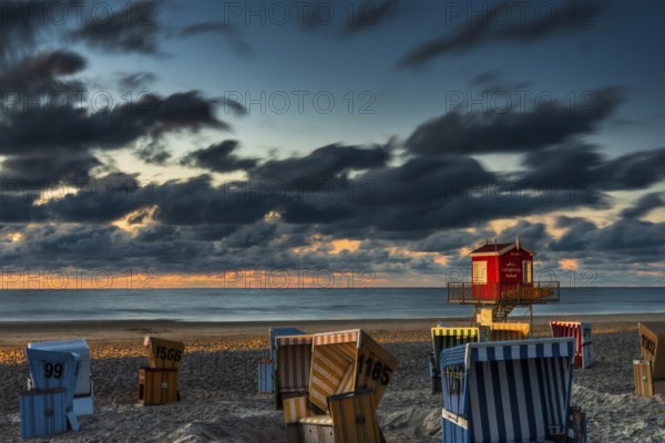 Evening sky, beach chairs, beach, tourism, travel, holiday, North Sea, North Sea island, Langeoog, Germany, Europe
