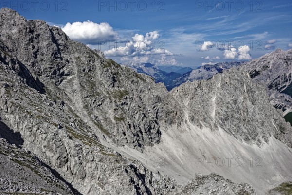 At the Hafelekar, view from the Karwendelblick of the Innsbruck Nordkette to the Karwendel mountains of the Alps, Alpine landscape, Innsbruck, Tyrol, Austria, Europe