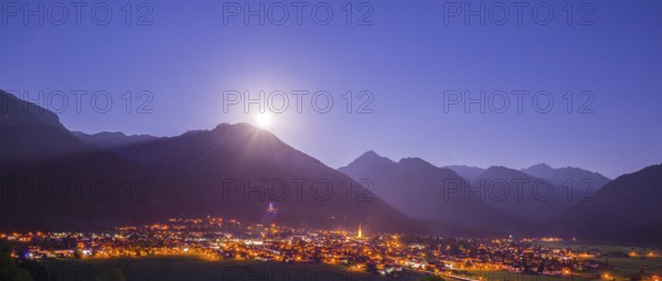 Oberstdorf at night, full moon rising, Allgaeu Alps, Allgaeu, Bavaria, Germany, Europe