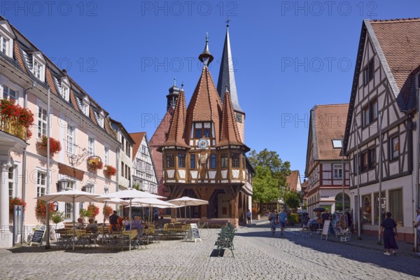 Historic town hall on the market square under a cloudless blue sky in Michelstadt, Odenwald, Odenwaldkreis, Hesse, Germany, Europe