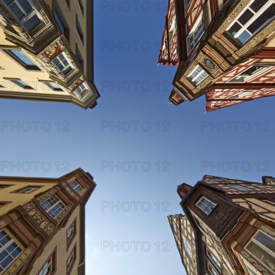 Four towers, ensemble of four historic buildings, view from bottom to top, Old Town, Koblenz, Rhineland-Palatinate, Germany, Europe
