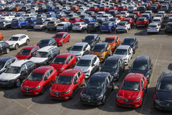 Duisburg, North Rhine-Westphalia, Germany, new cars, transhipment centre, car terminal in Duisburg port, Europe
