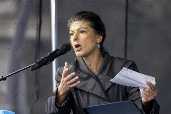 Sahra Wagenknecht, founder of the BSW (Alliance Sahra Wagenknecht, Reason and Justice) at the Die Waffen nieder demonstration on the Großer Stern in Berlin. The event is directed against all wars and calls for an immediate stop to all arms deliveries. Berlin, 03.10.2024