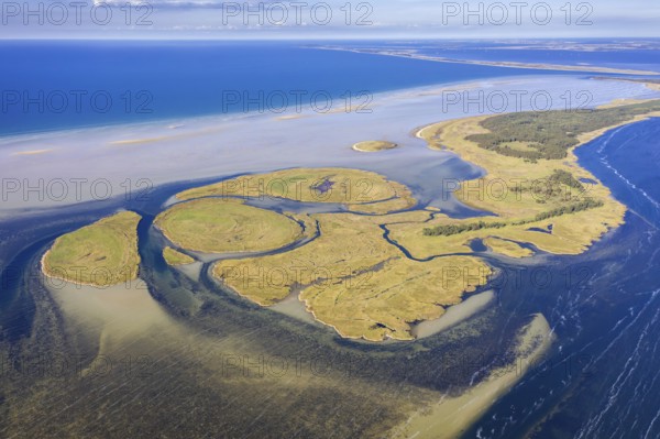 Aerial view over channels and salt marshes of the island group of Kleiner Werder, Kleine Werder in the Baltic Sea, Mecklenburg-Vorpommern, Germany, Europe