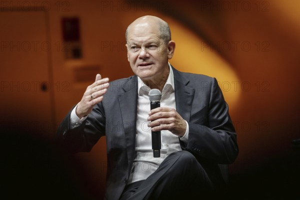 Discussion panel Olaf Scholz (SPD), Federal Chancellor, with author Juli Zeh (not pictured) in Potsdam, 30 January 2024