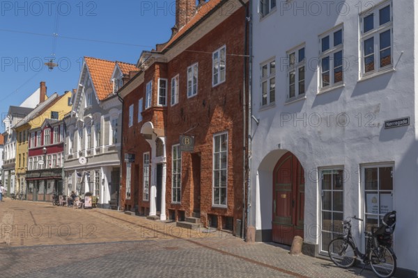 Odense, street in the old town, colourful houses, eaves houses, Fyn, island of Funen, Denmark, Europe