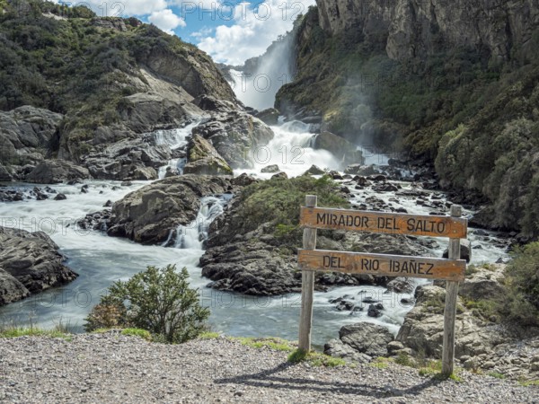 Viewpoint at waterfall Salto Del Rio Ibanez, cascades of waterfall, near Puerto Ingeniero Ibanez, Patagonia, Chile, South America