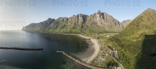 Panoramic aerial view of campsite at beach Ersfjordstranden, fjord Ersfjord, golden restroom, Senja island, Troms, northern Norway, Norway, Europe