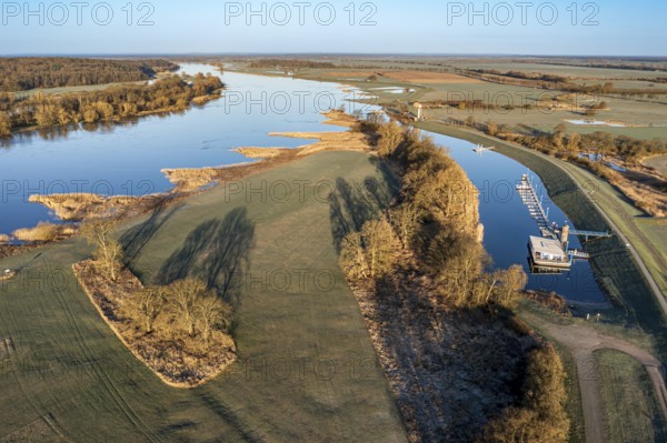 Aerial view of river Elbe, marina Lenzen, early spring, Germany, Europe